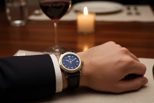 Close-up of Girard-Perregaux watch on gentleman's wrist at dinner