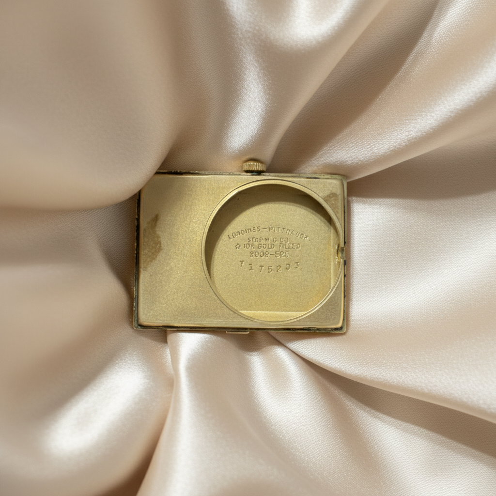 Longines case back on beige satin