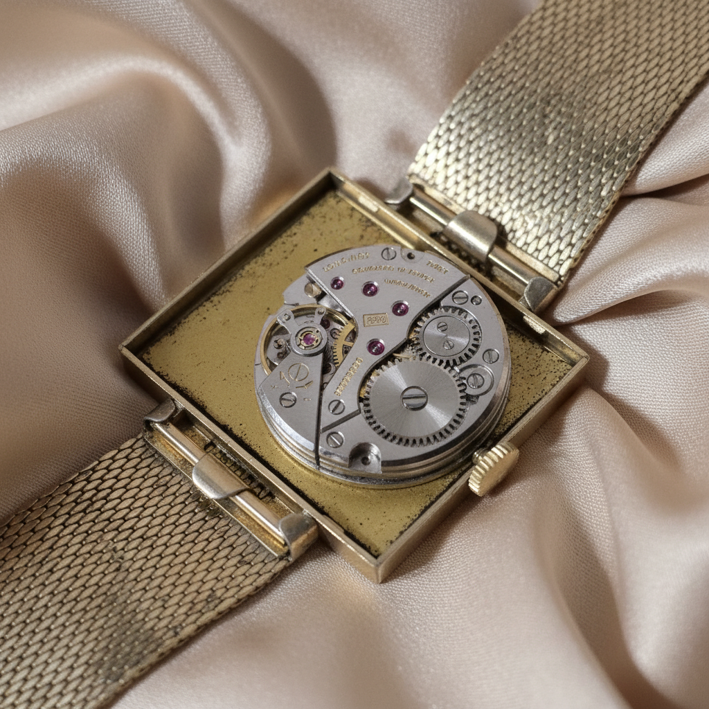 Longines movement detail on beige satin