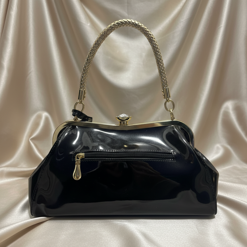 Time is Now Purse - Back View with Beige Satin Background