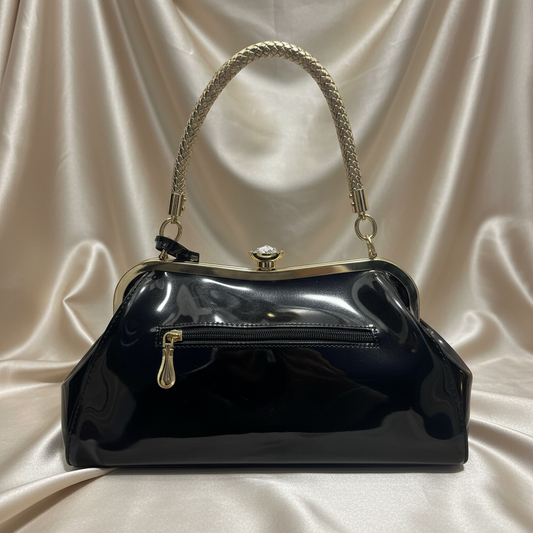 Time is Now Purse - Back View with Beige Satin Background